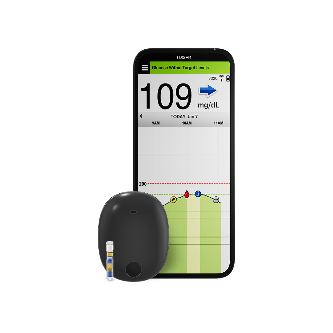 The Eversense CGM app with apple watch compatibility and smart transmitter. 